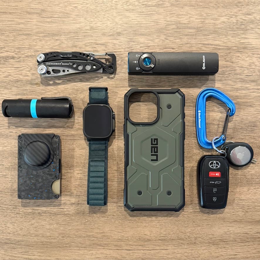 A practical everyday carry laid out on a wood surface