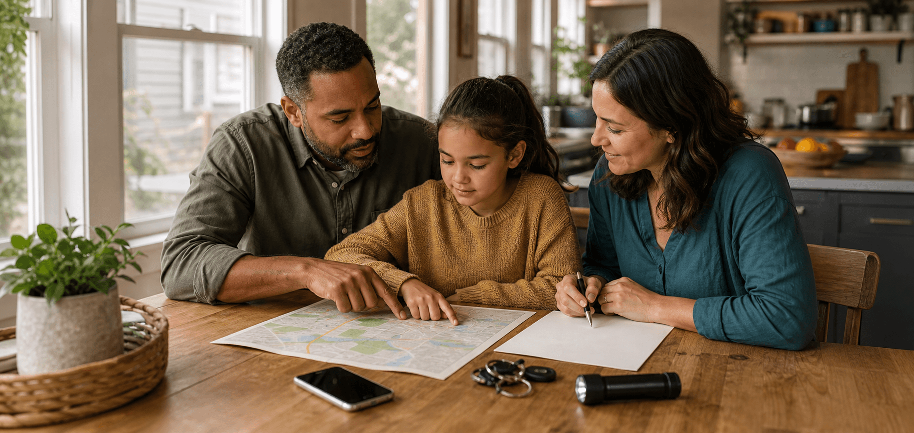 A family creating an emergency plan together around a household map