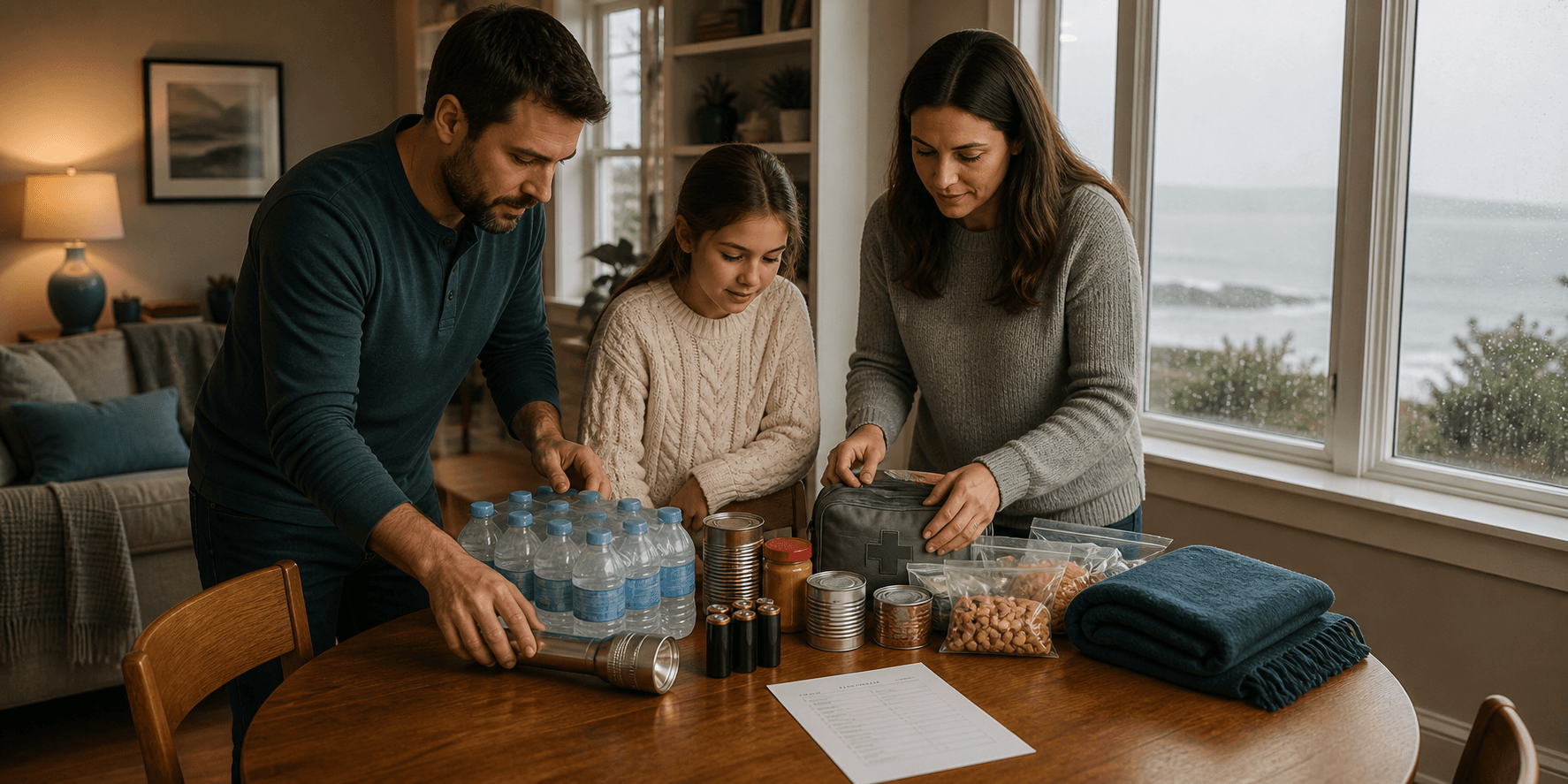 A family organizing hurricane readiness supplies together at home