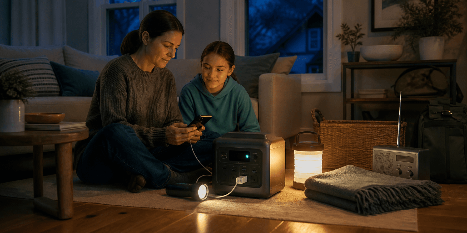 A family using a lantern, radio, and portable power station during an evening outage