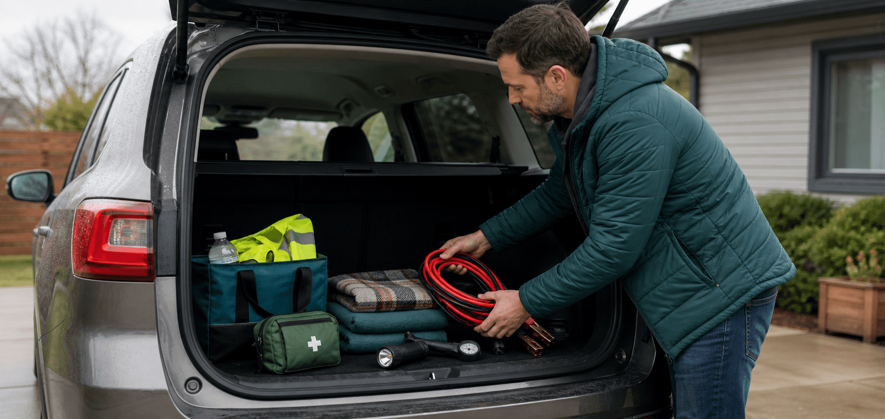 A driver organizing emergency supplies in the back of a vehicle