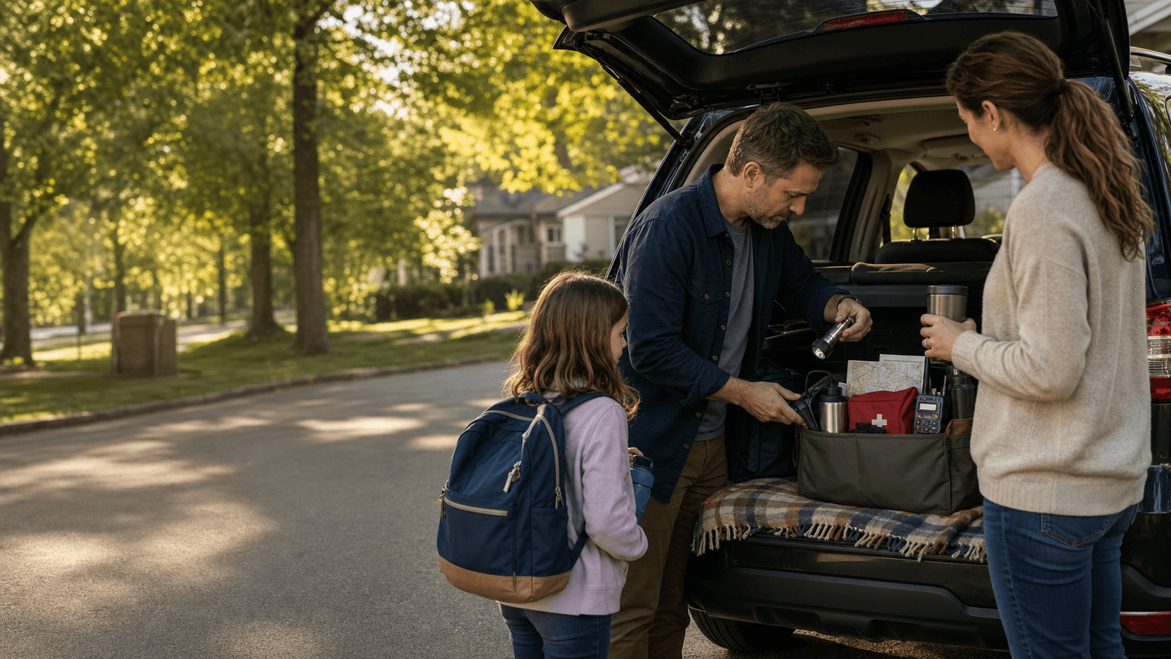 A family calmly organizing practical supplies beside their vehicle